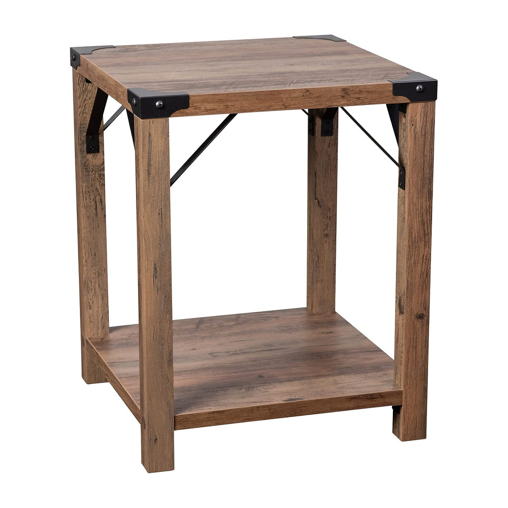 Flash Furniture Wyatt Modern Farmhouse 2 Tier Side Table - Rustic Oak Engineered Wood Frame - Black Metal Crisscross Side Braces and Corner Accents