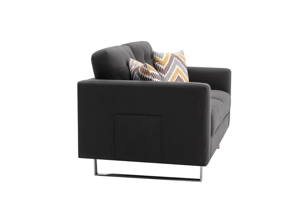Lilola Home Victoria Dark Gray Linen Fabric Loveseat with Metal Legs, Side Pockets, and Pillows
