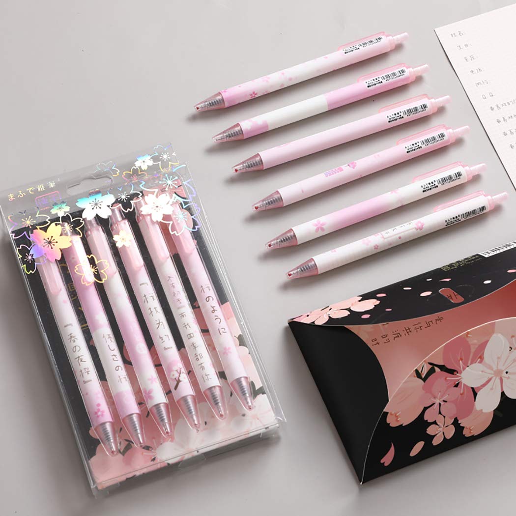 Lovely Sakura Gel Ink Pen, 6Pcs 0.5 Mm Black Gel Ink Pens, Extra-Fine Ballpoint Pen, For Office School Stationery Supply (Sakura