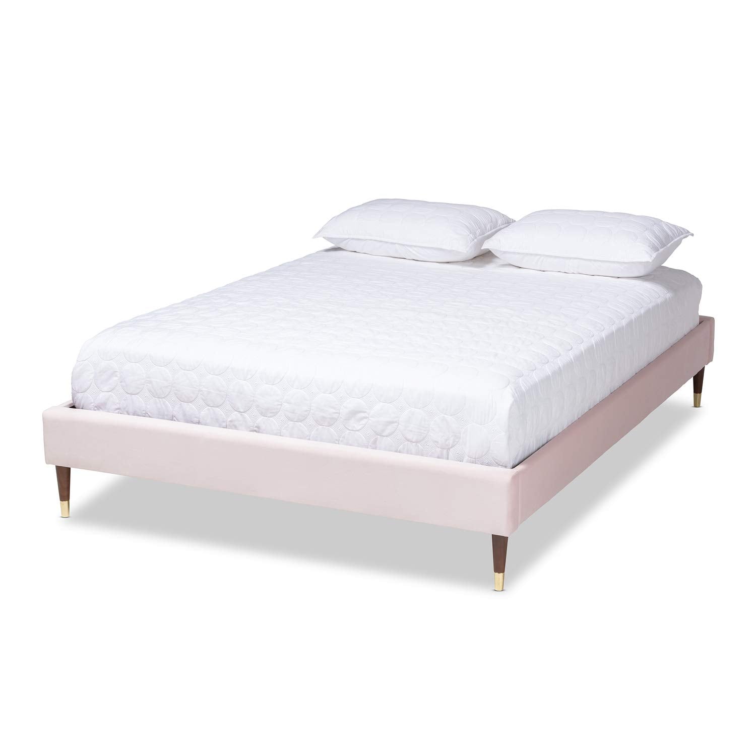 Baxton Studio Volden Glam and Luxe Light Pink Velvet Fabric Upholstered Queen Size Wood Platform Bed Frame with Gold-Tone Leg Tips