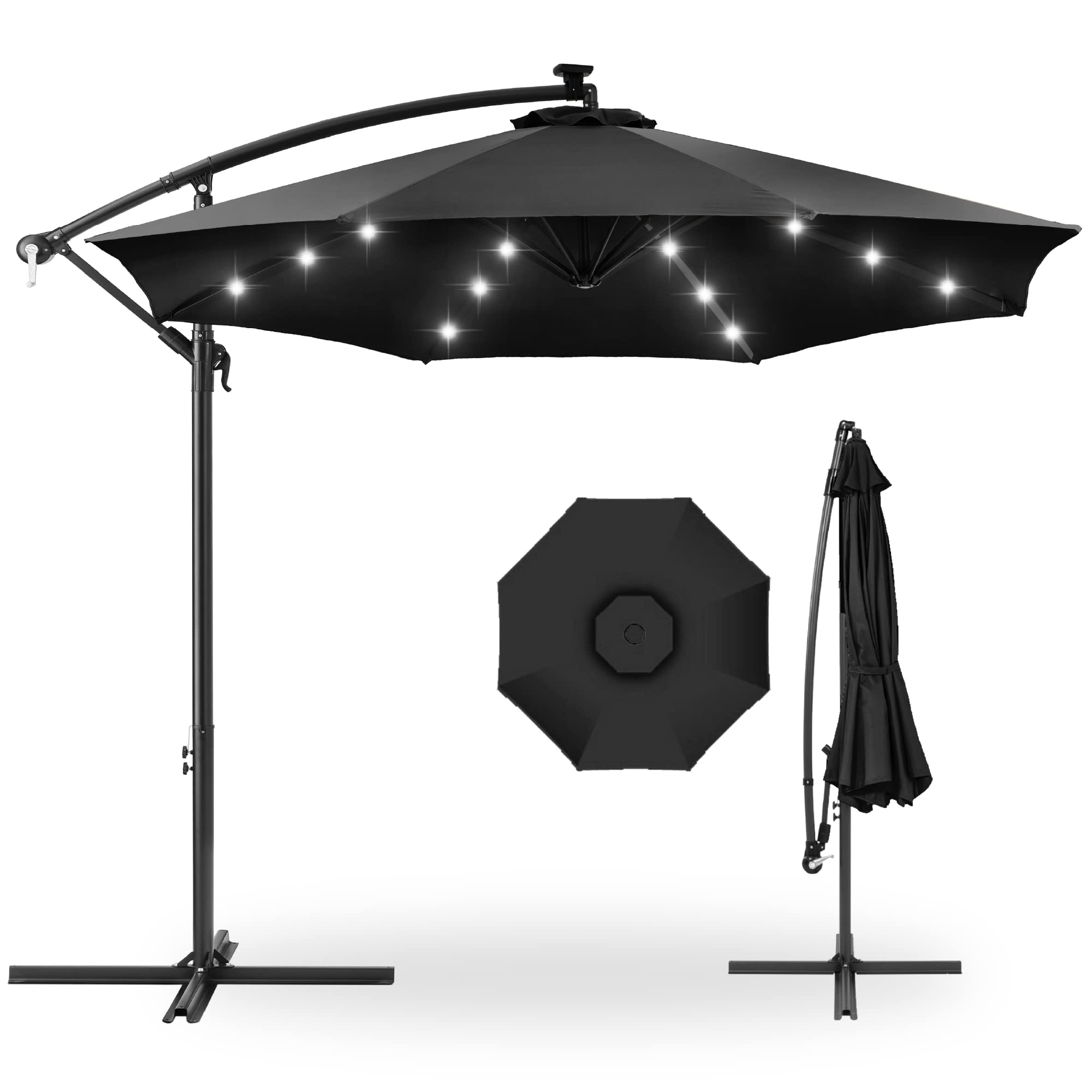 Best Choice Products 10ft Solar LED Offset Cantilever Hanging Market Patio Umbrella, 8 Sturdy Ribs, Easy Adjustment - Black