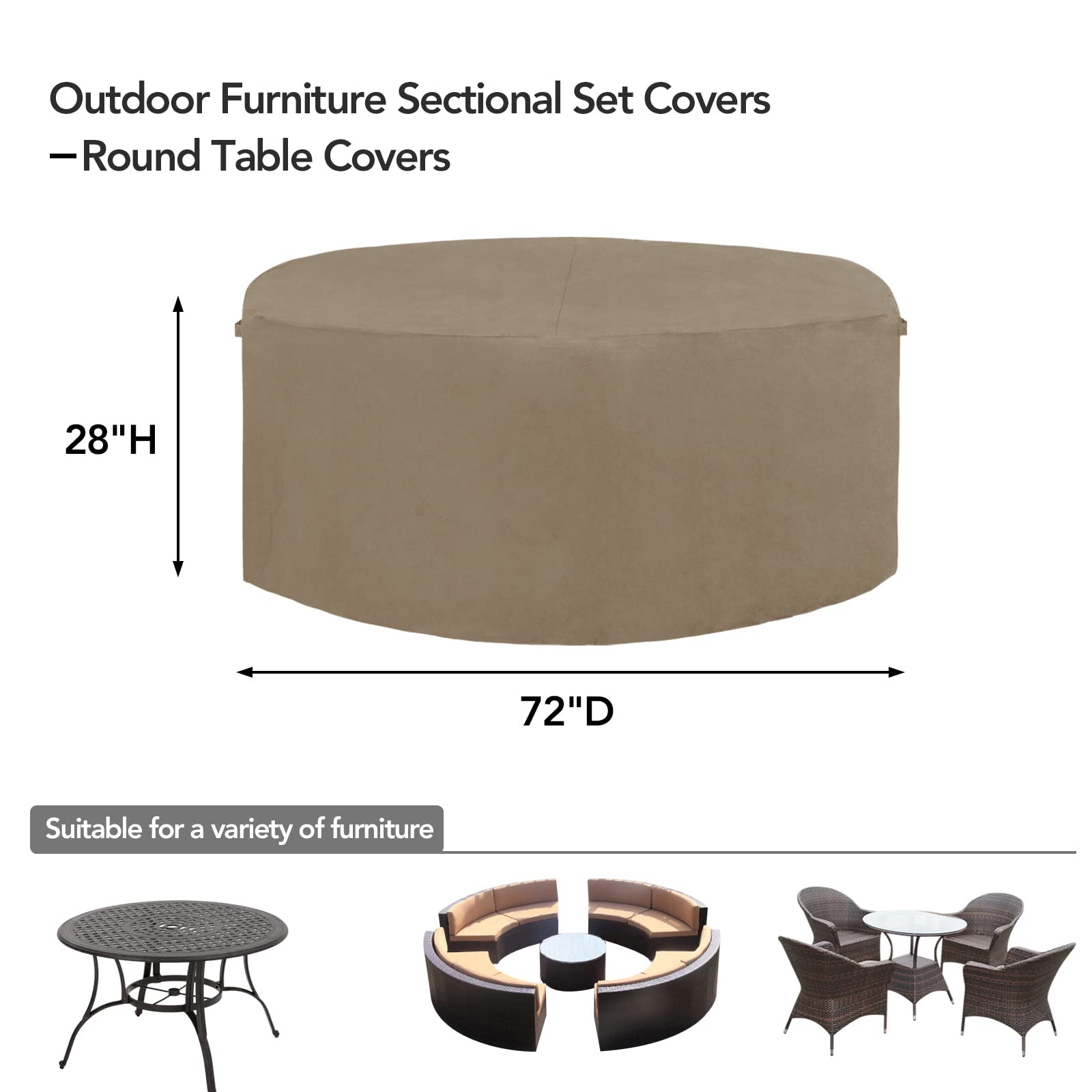 Easy-Going 600D Heavy Duty Round Patio Furniture Cover, Outdoor Table And Chair Set Cover, Waterproof Outdoor Sectional Furniture Set Cover (72' Diax 28' H, Camel)
