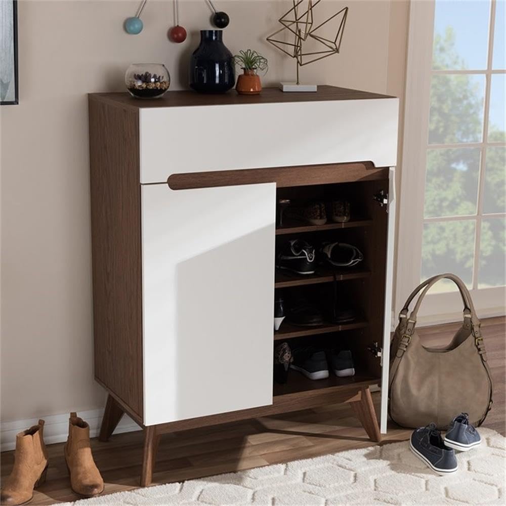 Baxton Studio Calypso Mid-Century Modern White and Walnut Wood Storage Shoe Cabinet Mid-Century/White/Walnut Brown/Particle Board/MDF with PU Paper/