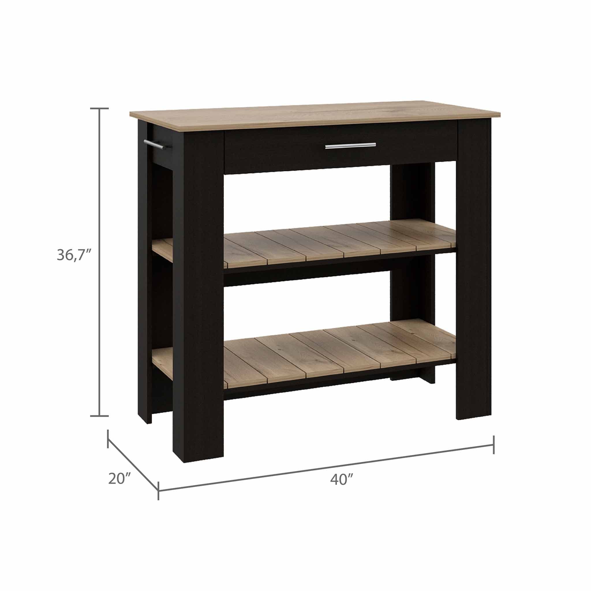 HomeRoots Black - Light Oak Particle Board Light Oak and Black Kitchen Island with Drawer and Two Open Shelves