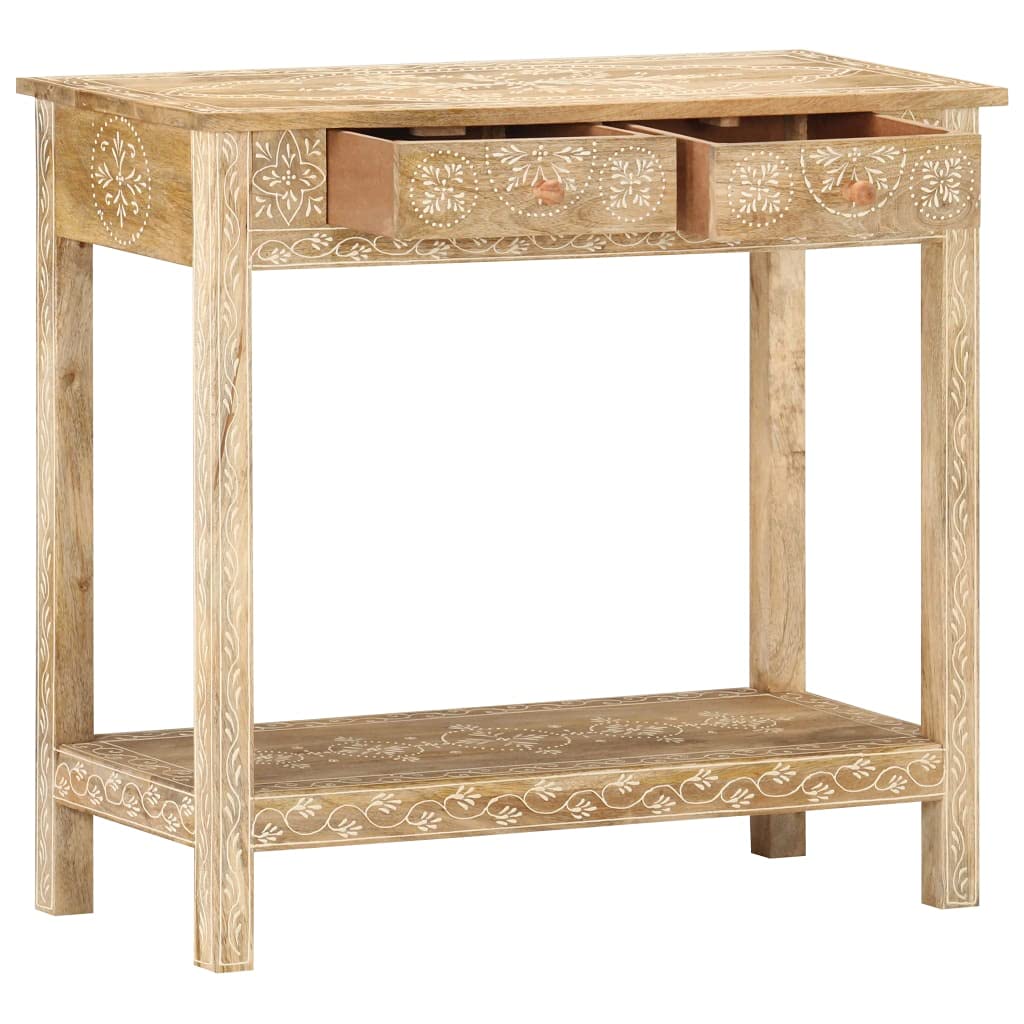 vidaXL Console Table - Solid Mango Wood with Hand-Painted Design, Asian Style Furniture, Natural Finish, Rectangular Shape, Two Drawers and Shelf for Storage, 31.5&quot;x13.8&quot;x29.1&quot;
