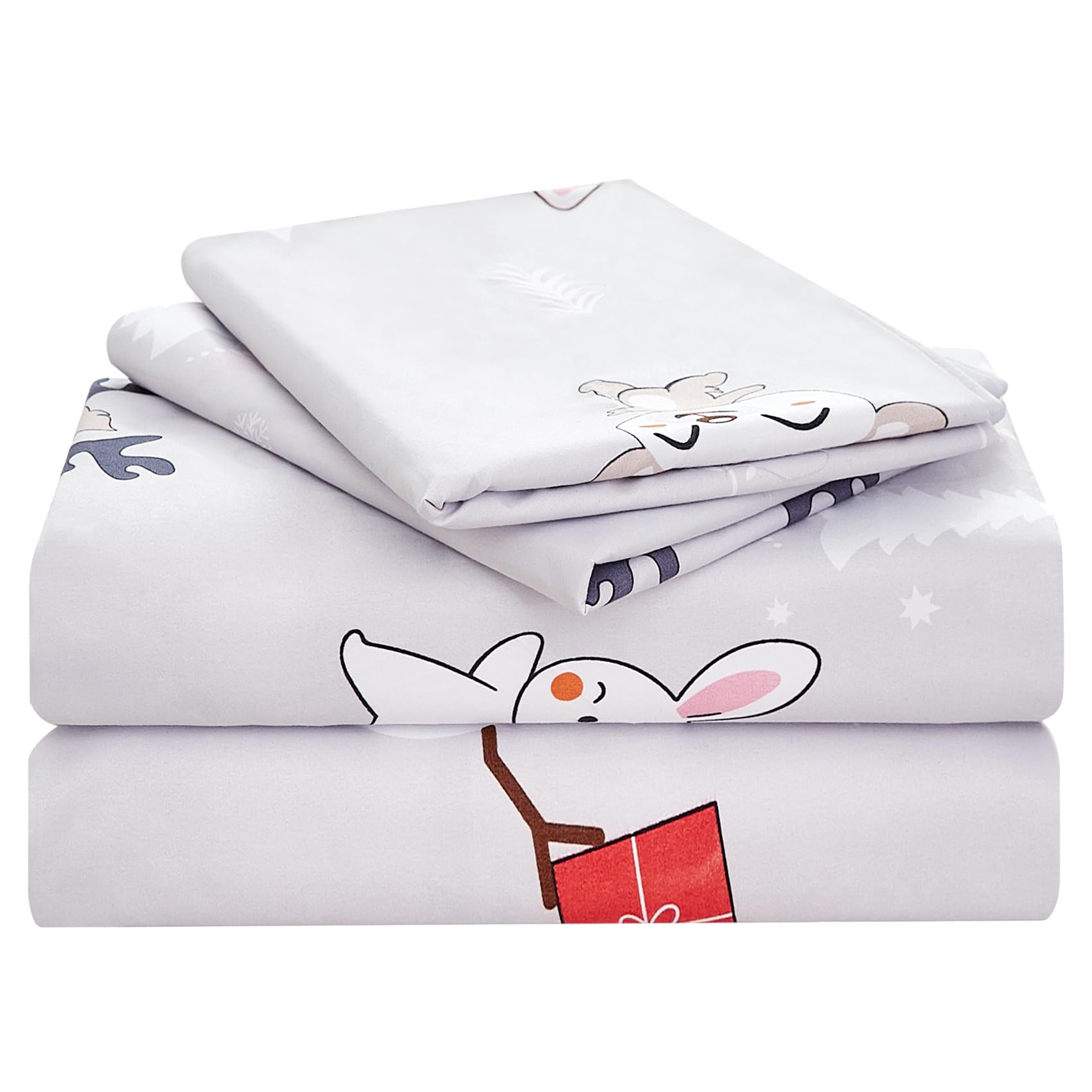 Yibeizi Kids Bear Snowmen Reindeer Bunny Printed Sheet Set Full Size For Boys Girls, Cute Christmas Winter Microfiber Bedsheets