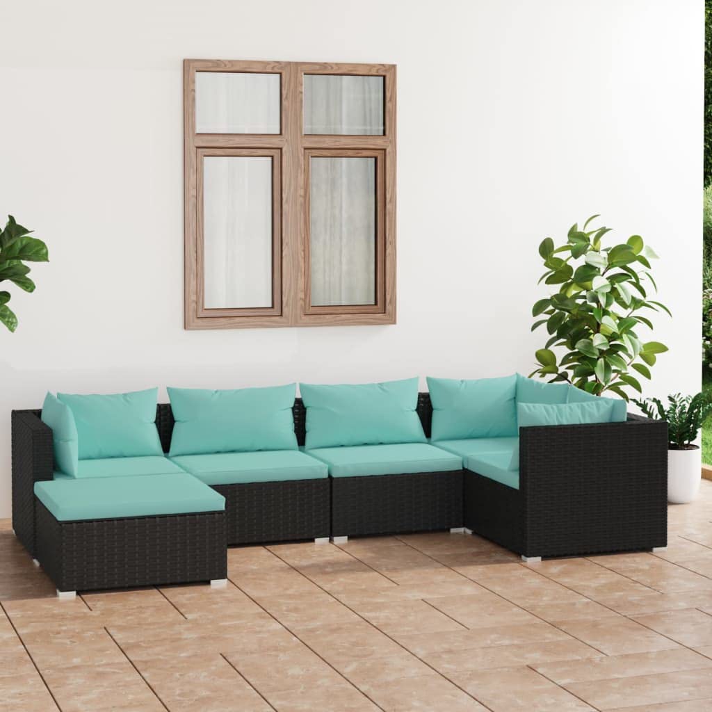 vidaXL 6-Piece Patio Lounge Set in Black Poly Rattan - Modular Seating Arrangement with Water-Resistant Blue Cushions for Outdoor Spaces