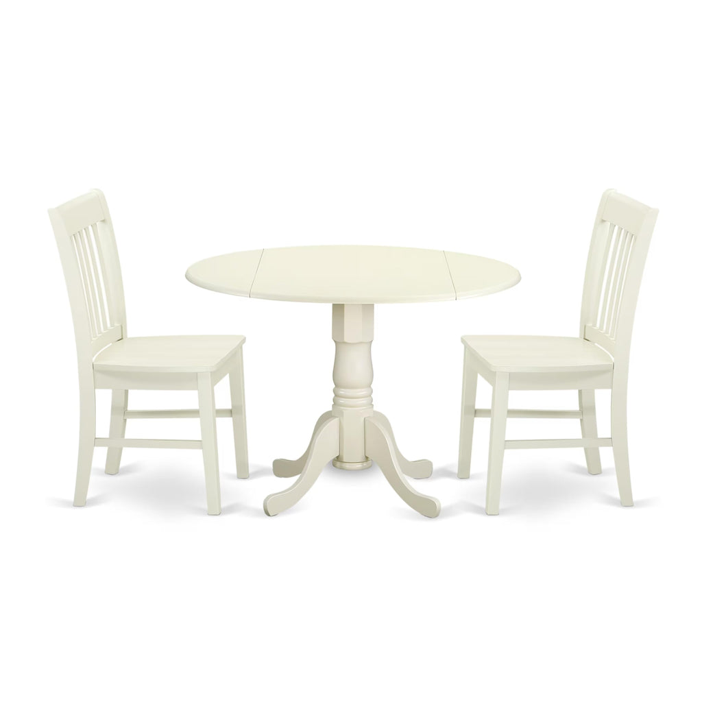 East West Furniture Dlno3-Lwh-W 3 Piece Dinette Set For Small Spaces Contains A Round Dining Table With Dropleaf And 2 Kitchen Dining Chairs, 42X42 Inch, Linen White