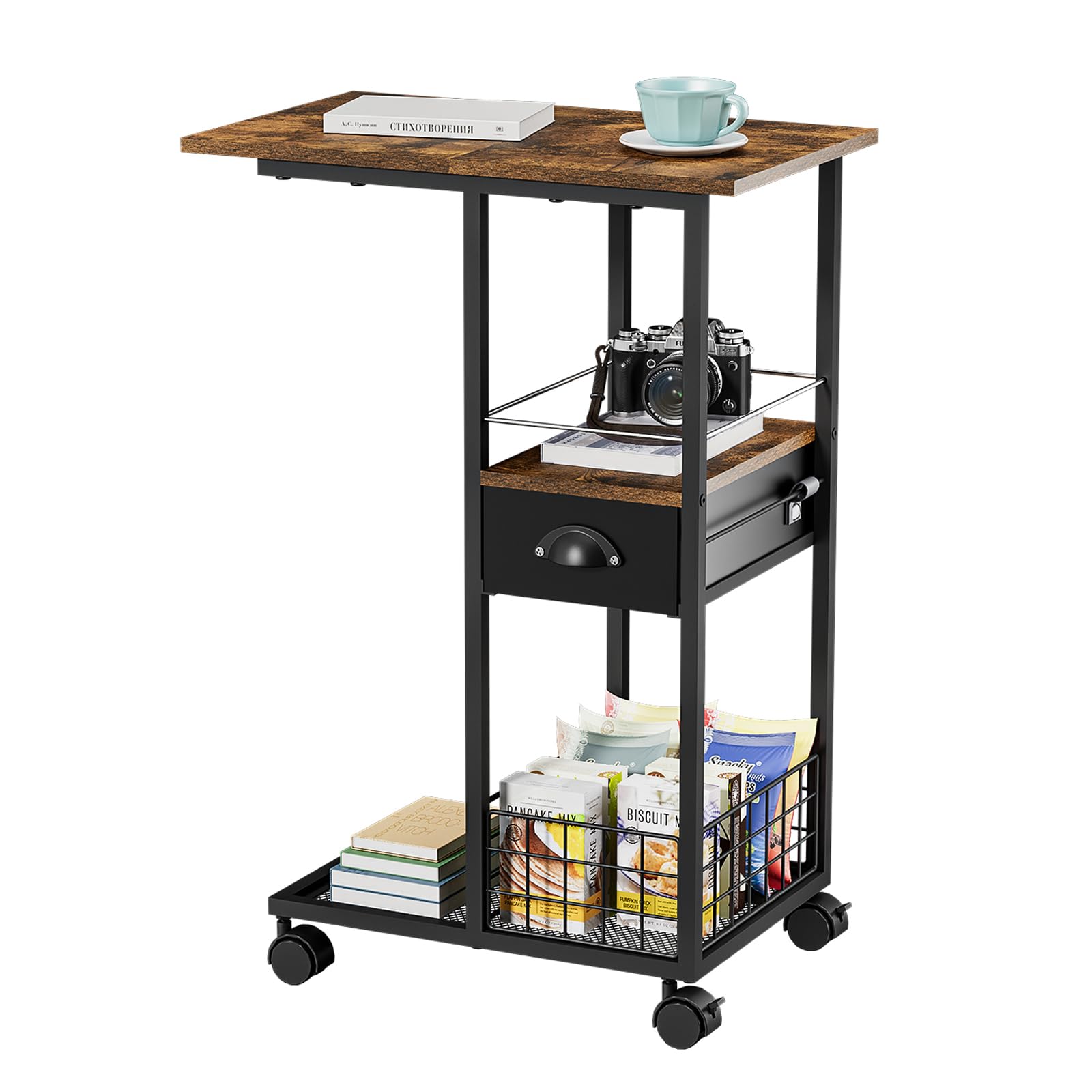 C Shaped Sofa Side Table: Couch End Table with Drawer - Bedside Table with Wheels - 19.7''L x 11.8''W x 28''H - C Mobile Tables 