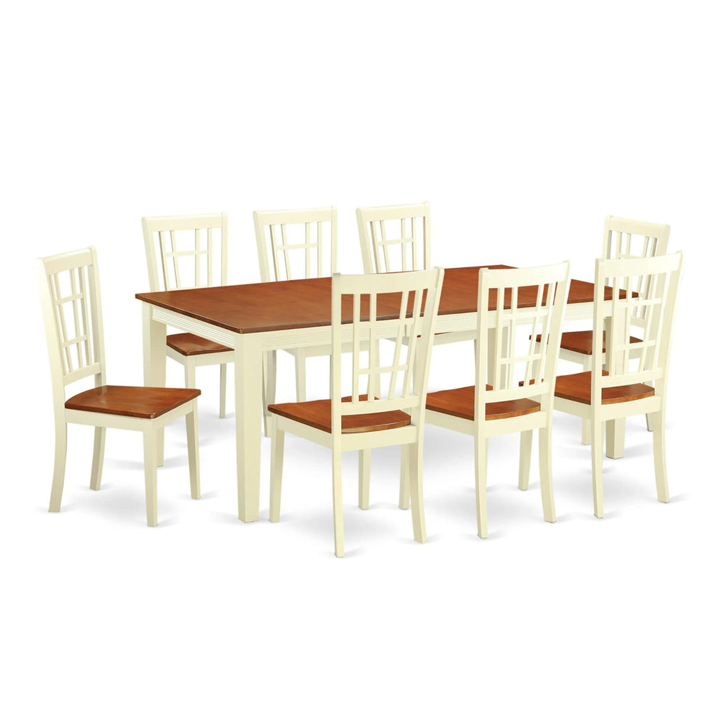 East West Furniture QUNI9-WHI-W 9 Piece Dining Set Includes a Rectangle Dining Table with Butterfly Leaf and 8 Kitchen Chairs, 40x78 Inch, Buttermilk & Cherry