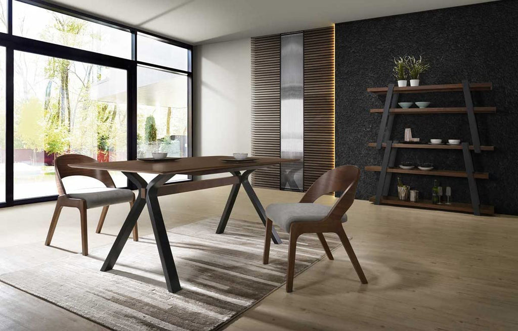 HomeRoots Fabric, Solid Wood, Veneer Set of Two Gray Walnut Fabric Modern Dining Chairs