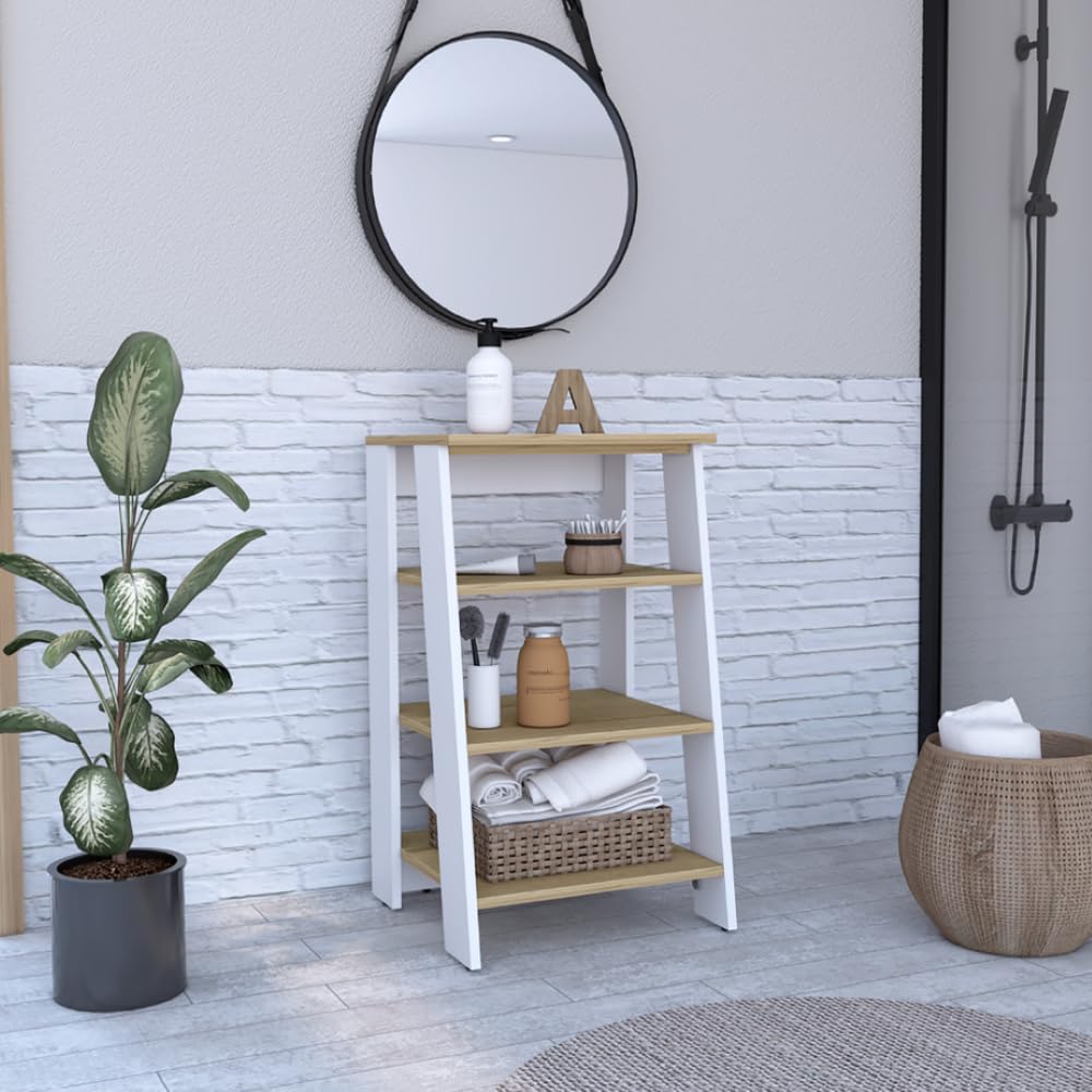 Linen Cabinet Jenne, Four Open Shelves - Light Oak/White