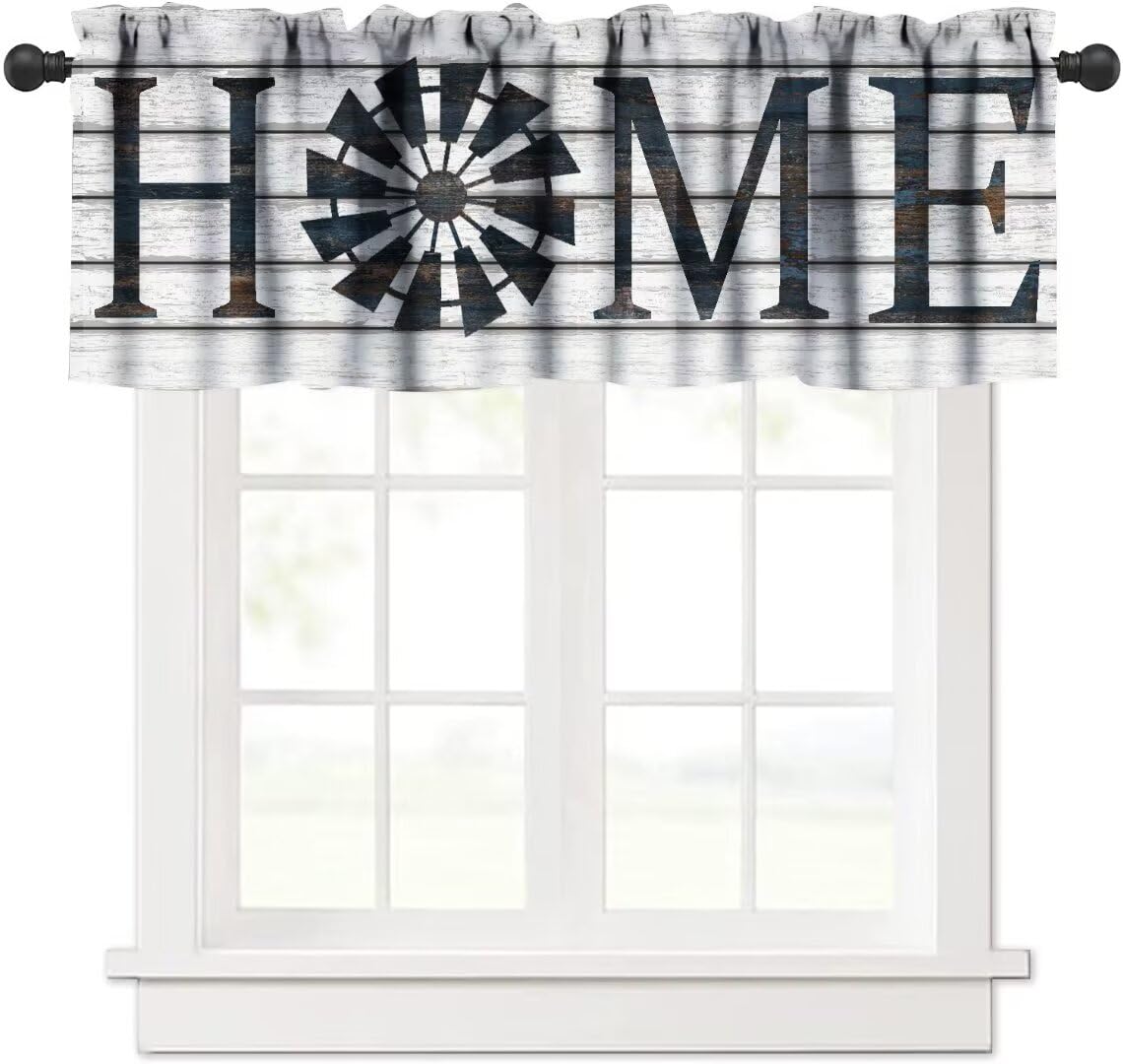 Retro Windmill Valance Curtain, Rustic Farmhouse Wood Grain Country Style Print Rod Pocket Blackout Window Valance For Kitchen C