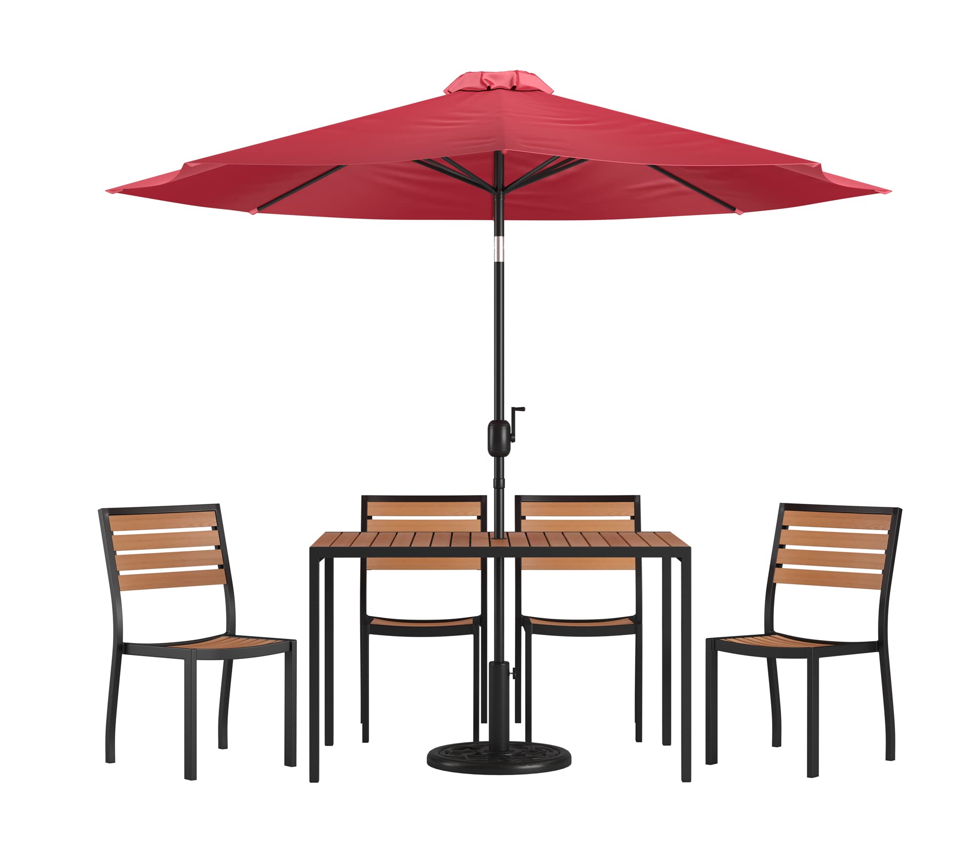 Flash Furniture Lark 7 Piece Patio Table Set - 4 Synthetic Stackable Faux Teak Chairs - 30&quot; x 48&quot; Faux Teak Table - Red Umbrella with Base