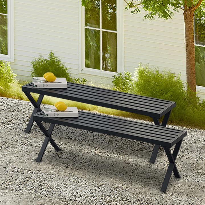 Seekverse Backless Outdoor Bench Set of 2, Metal Patio Bench, Garden Bench for Front Porch, Backyard and Deck, Black