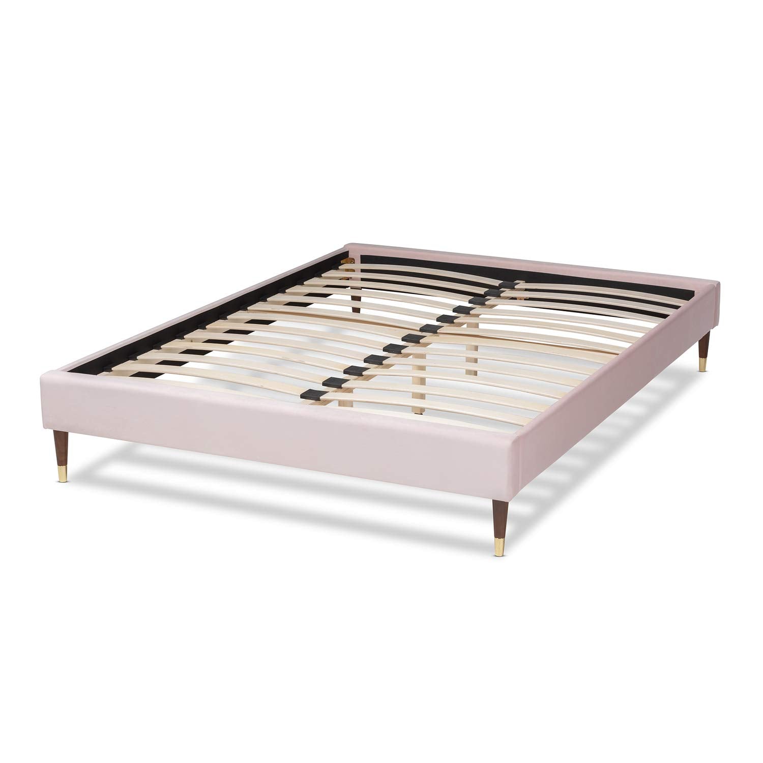 Baxton Studio Volden Glam and Luxe Light Pink Velvet Fabric Upholstered Full Size Wood Platform Bed Frame with Gold-Tone Leg Tips
