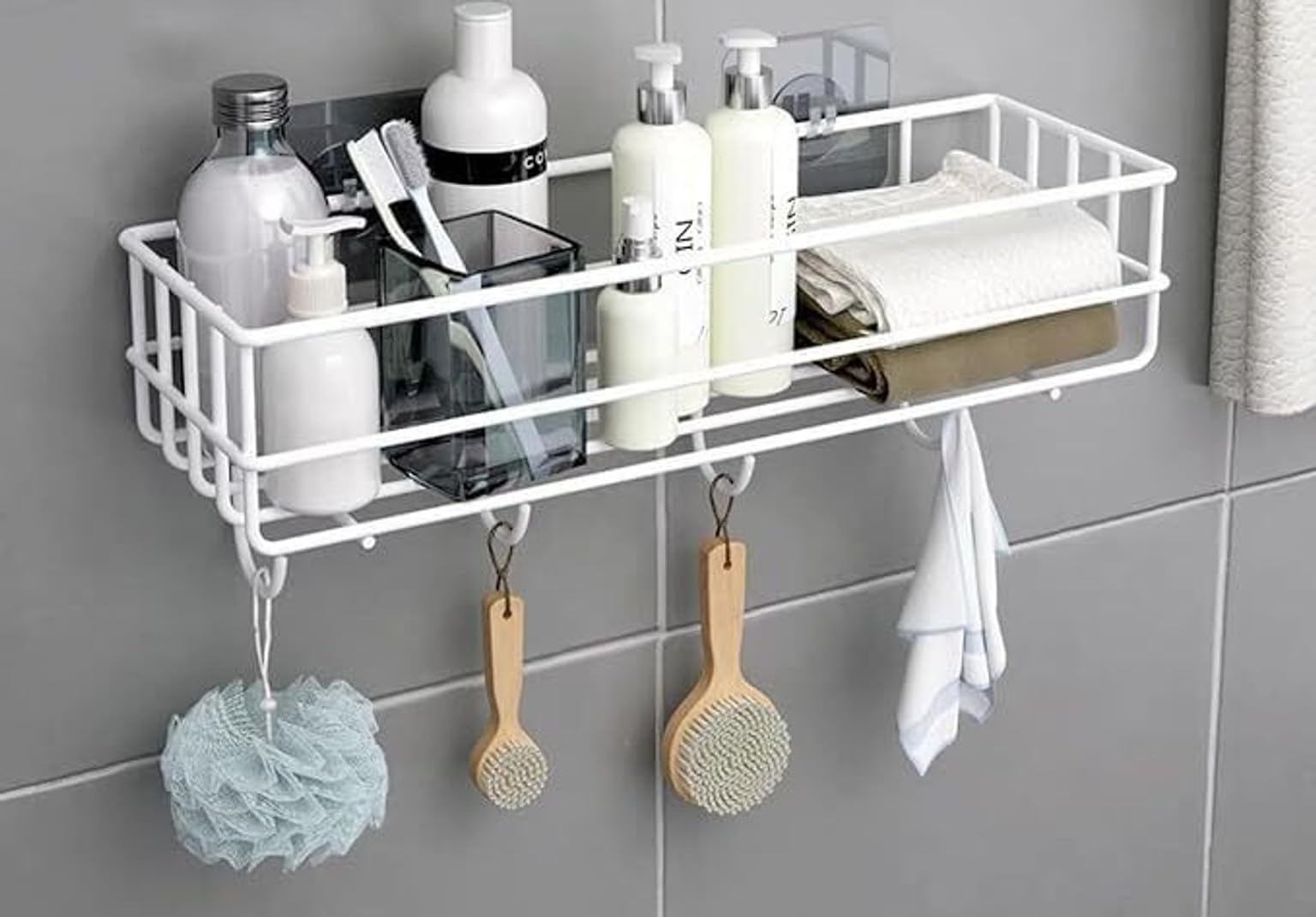 Dxdt WallMounted Bathroom Shelf, White, Metal Wire Rack With Hooks, Storage Organiser For Shampoo, Toiletries