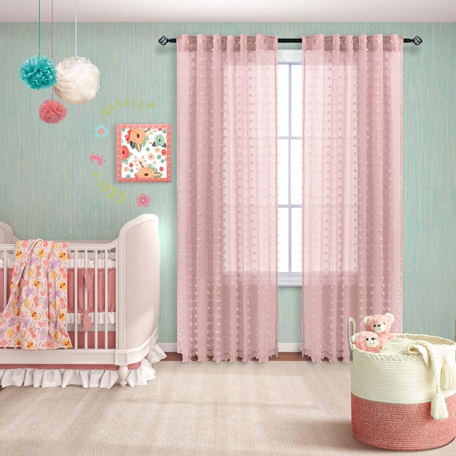 Koufall Dusty Pink Nursery Curtains For Baby Girls Bedroom Decor Boho Pom Pom Sheer Curtain For Kids Room 63 Inch Length 2 Panels