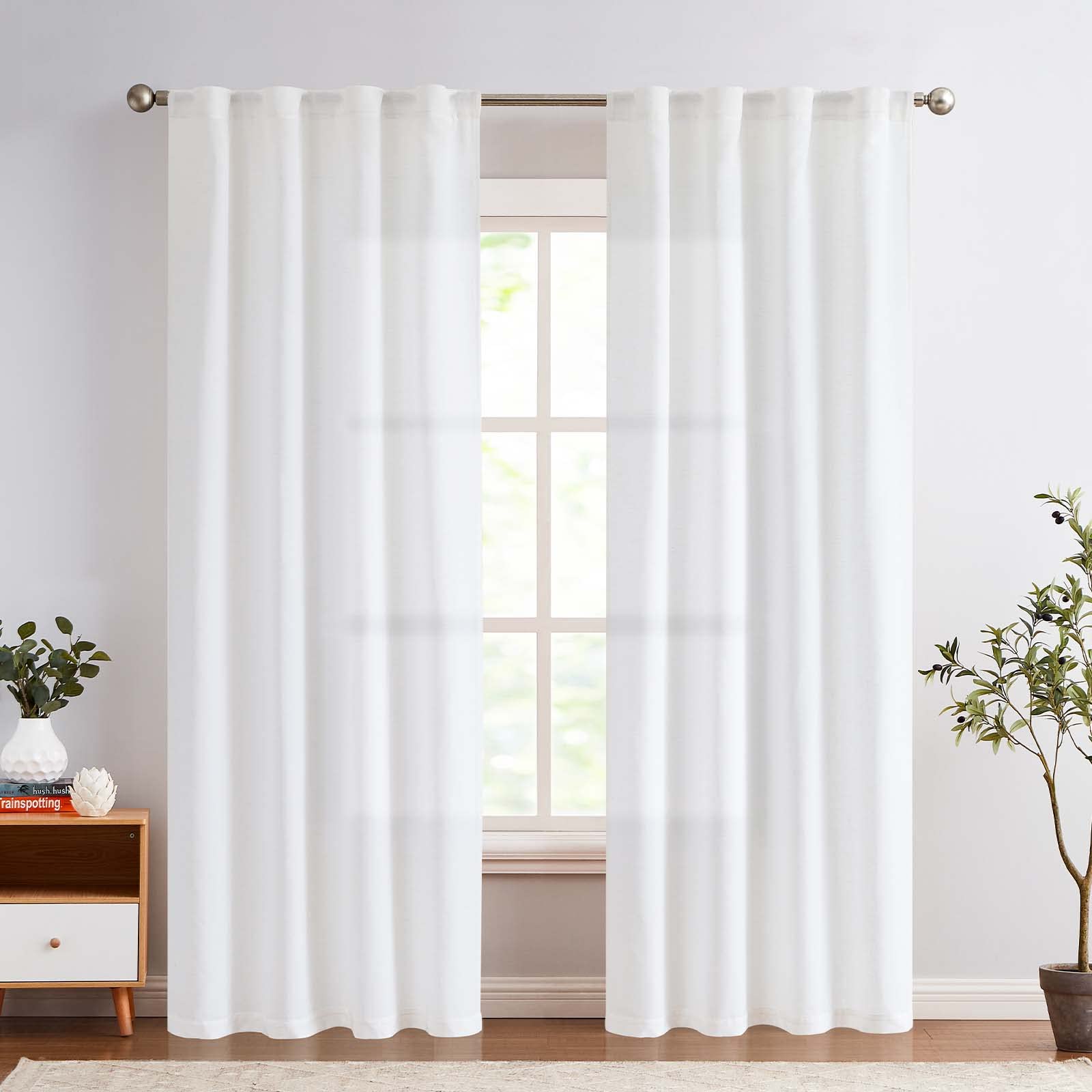 Jinchan Linen Blend White Curtains 84 Inches Long For Living Room Farmhouse Rod Pocket Back Tab Light Filtering Window Drapes For Bedroom Curtains Off White 2 Panels