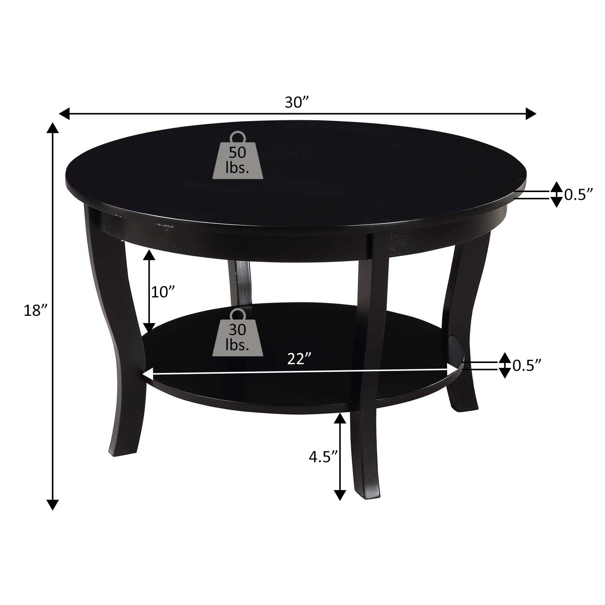 Convenience Concepts American Heritage Round Coffee Table with Shelf, Black, 30 in x 30 in x 18 in