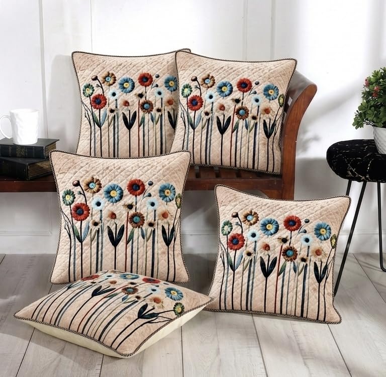 Balley Cushion Cover, Floral Printed, Beige, 16X16 Inches, Pack Of 5