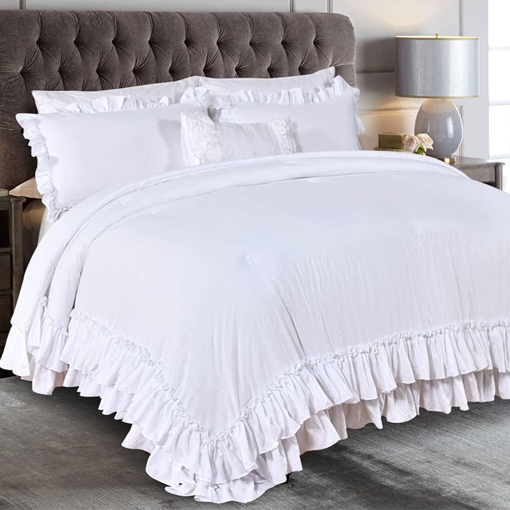 Masaca White Ruffled Shabby Comforter Set King,Boho Chic Farmhouse Bedding Down Comforter Fluffy Cozy,Ultra Soft Washed Microfib