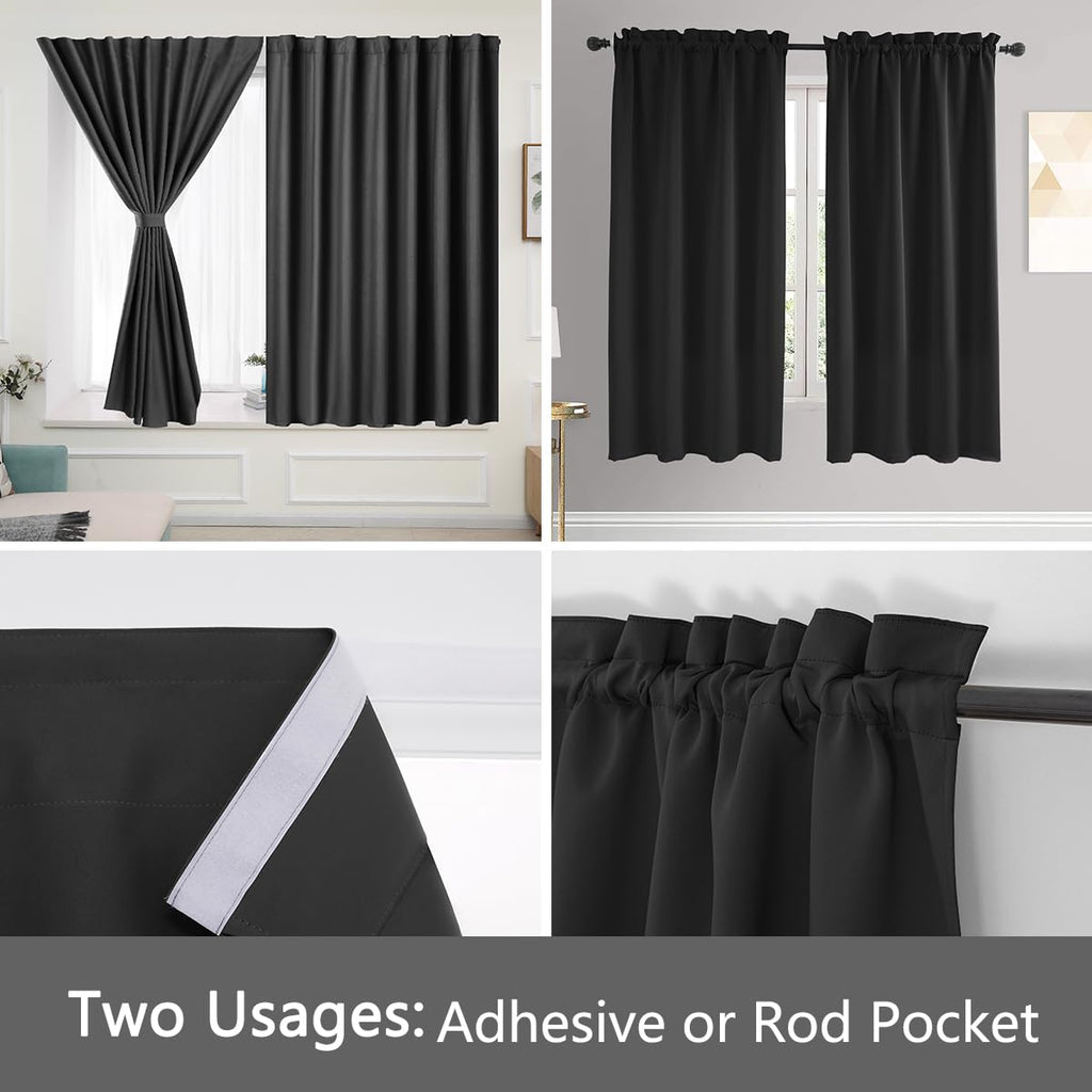 Muamar Black 2Pcs Self Adhesive Curtains (29''W X 30''L), Window Tier Curtains For Small Window, Bathroom, Rv, Door, Kitchen, Bl