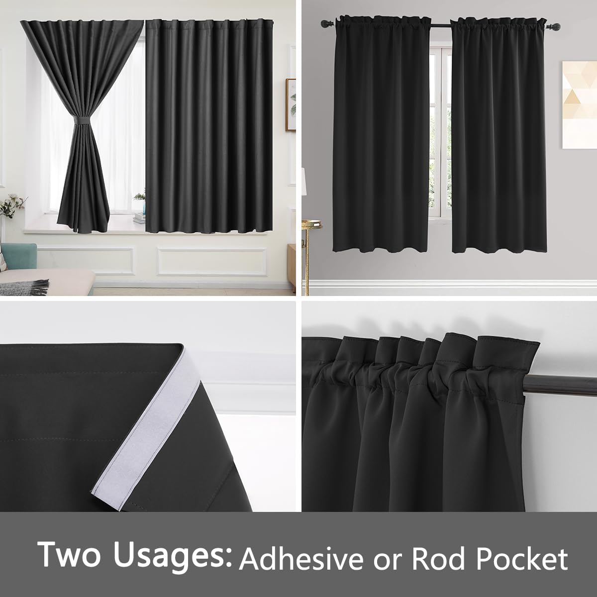 Muamar Black 2Pcs Self Adhesive Curtains (29''W X 30''L), Window Tier Curtains For Small Window, Bathroom, Rv, Door, Kitchen, Bl