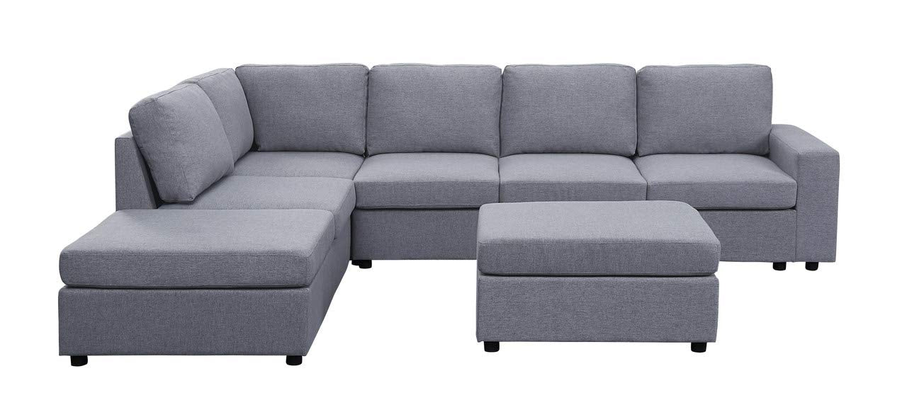 Lilola Home Marley Light Gray Linen 7 Seat Reversible Modular Sectional Sofa with Ottoman