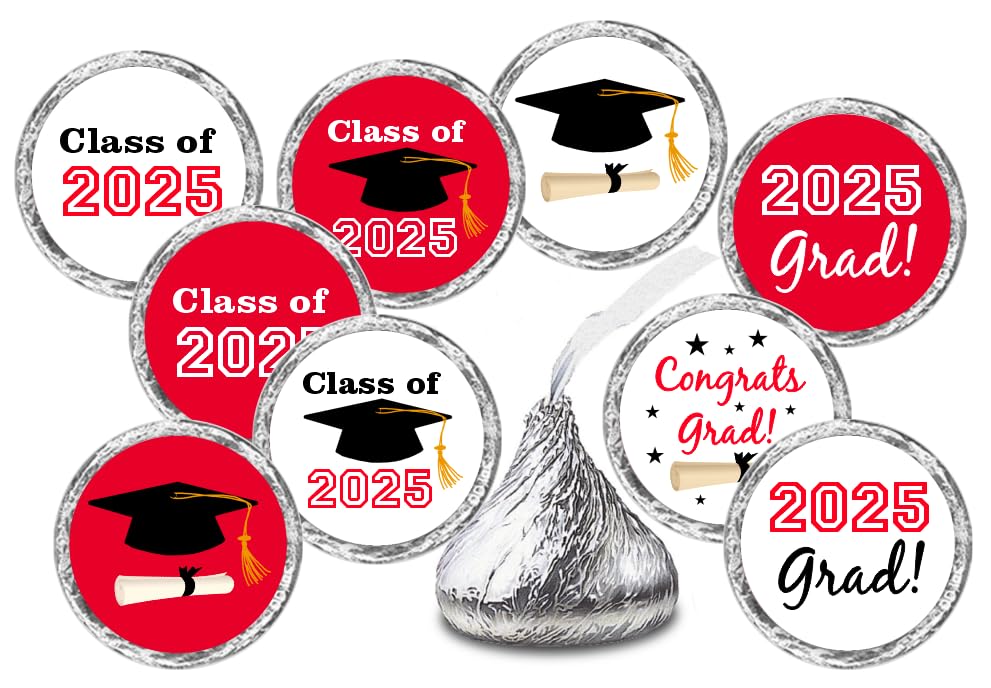 216 New Graduation Party Cap Class Of 2025 Favor Kisses Stickers Labels Stickers. Grad Party Favor Decorations. Made In Usa (Red