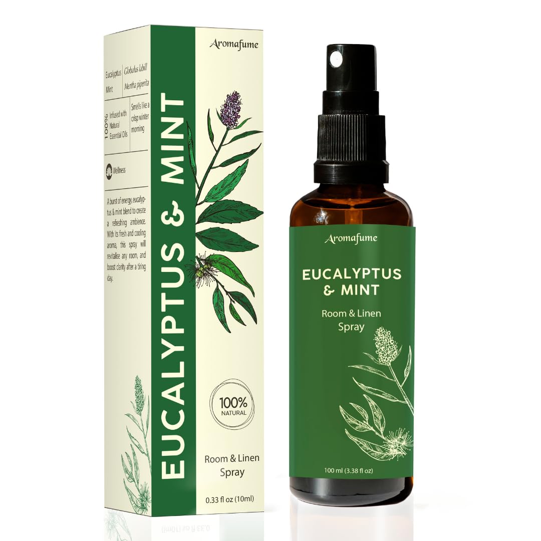 Eucalyptus & Mint Room, Linen & Pillow Spray by Aromafume | 100ml/3.38fl oz | with Pure Eucalyptus & Mint Essential Oil | Aromat
