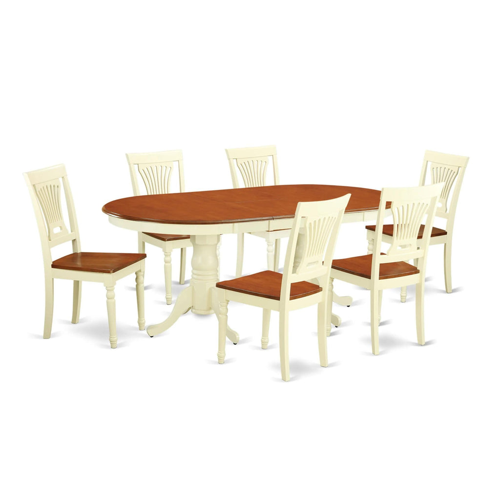 East West Furniture PLAI7-WHI-W 7 Piece Modern Dining Table Set Consist of an Oval Wooden Table with Butterfly Leaf and 6 Dining Room Chairs, 42x78 Inch, Buttermilk & Cherry