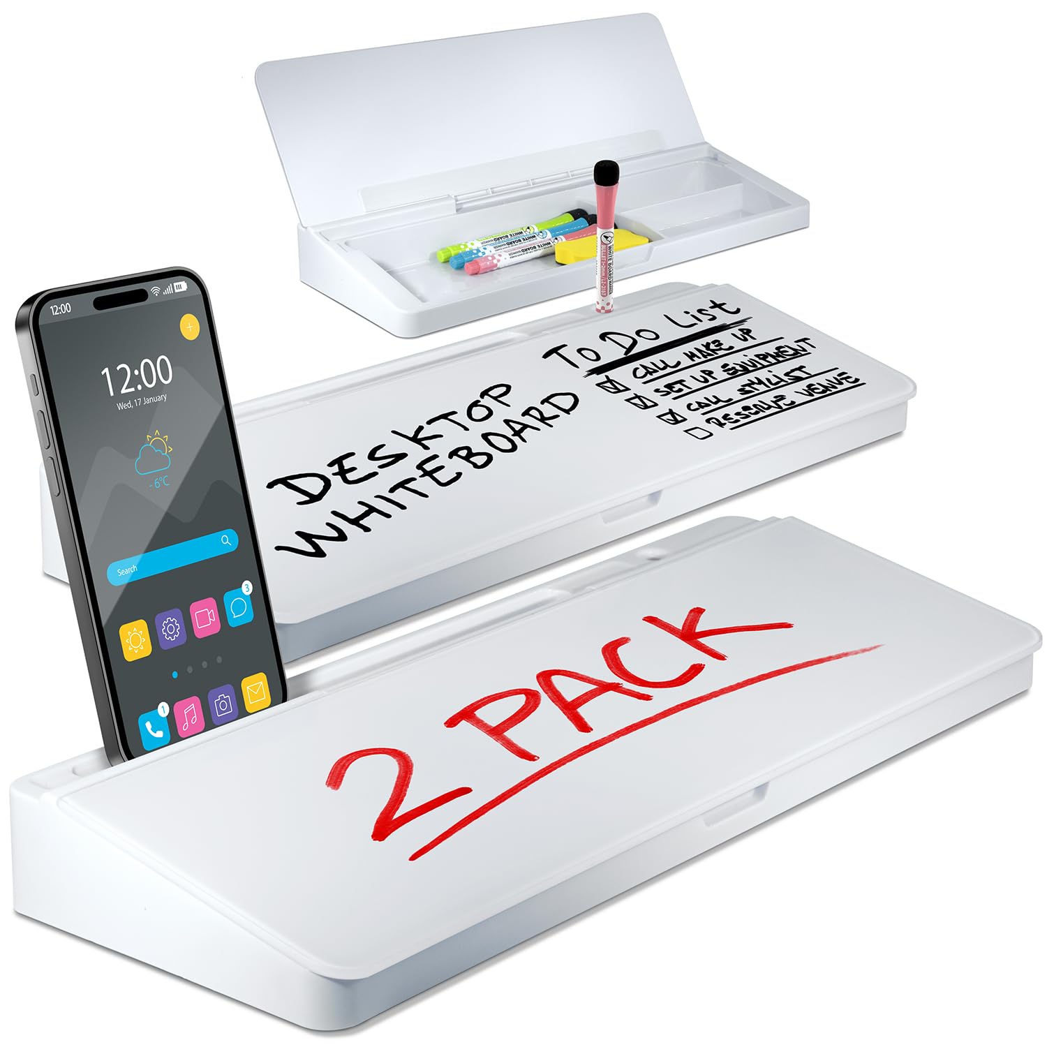 Desktop Whiteboard - Glass Dry Erase White Board - Desk Computer Buddy - Home Office & Studying Essentials - With Phone & Tablet