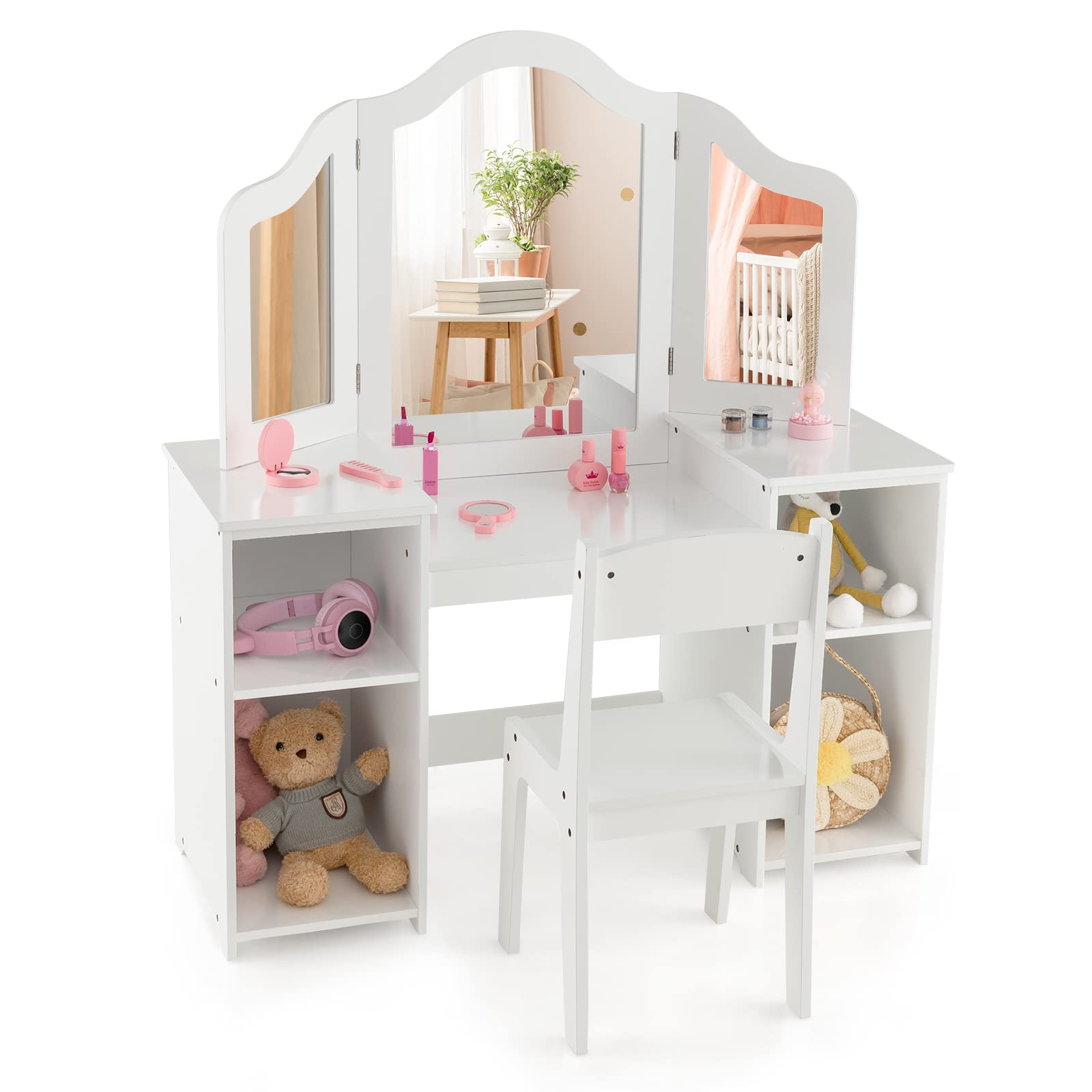 Honey Joy Kids Vanity, Little Girls Vanity Set With With Mirror And Stool, Storage Shelves, Wooden Princess Makeup Dressing Table, Toddler Vanity, Pretend Play Kids Vanity Table And Chair Set (White)