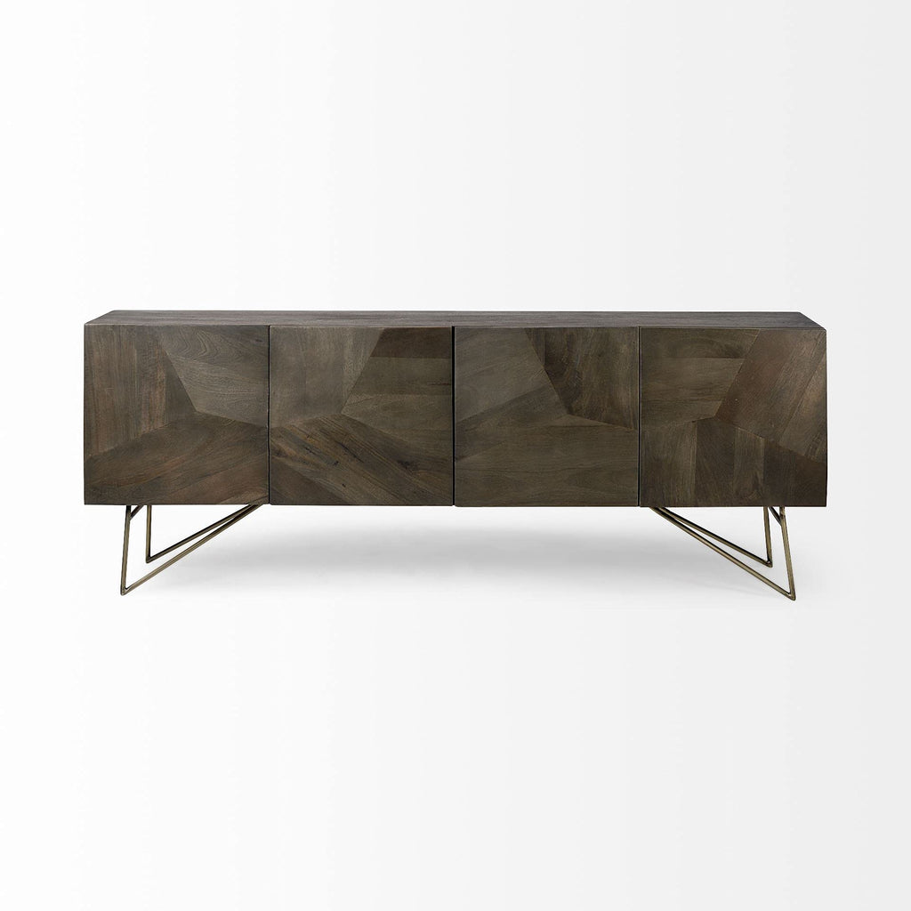 HomeRoots Indian Mango Wood Dark Brown Solid Mango Wood Finish Sideboard with 4 Cabinet Doors