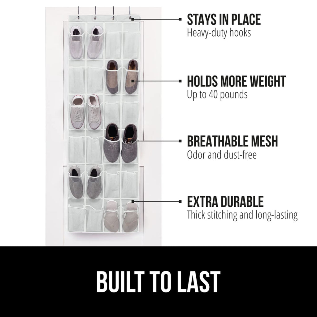 Gorilla Grip Over The Door Shoe Organizer, 2 Pack, 24 Breathable Mesh Pockets, Space Saving Hanging Storage Holder, Closet Rack Hanger Holds Up To 40 Lbs, Hangs On Closets, Shoes, Accessories, White