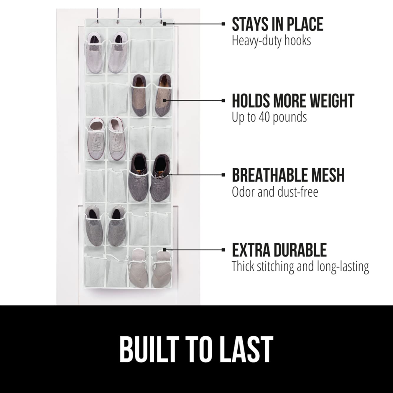 Gorilla Grip Over The Door Shoe Organizer, 2 Pack, 24 Breathable Mesh Pockets, Space Saving Hanging Storage Holder, Closet Rack Hanger Holds Up To 40 Lbs, Hangs On Closets, Shoes, Accessories, White