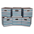 HSDT 13 inch Collapsible Storage Cubes Bins Teal Stripes Fabric Storage Boxes Foldable Cube Inserts Storage Grey Printed Folding