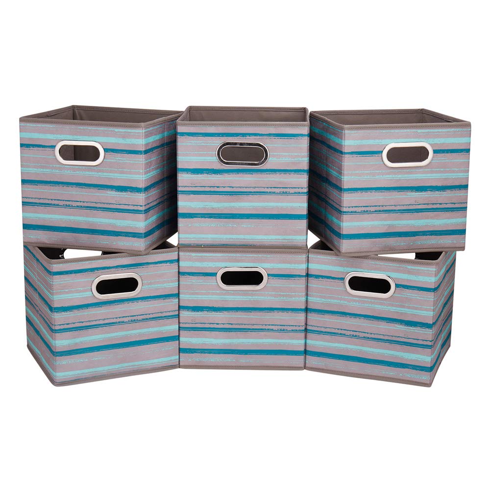 HSDT 13 inch Collapsible Storage Cubes Bins Teal Stripes Fabric Storage Boxes Foldable Cube Inserts Storage Grey Printed Folding