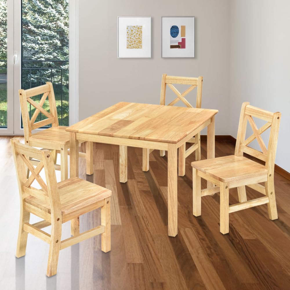Ehemco Solid Hard Wood Kids Table And Chair Set (4 Chairs Included), Natural, 5 Piece Set