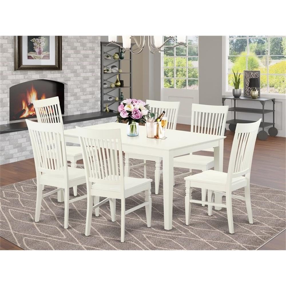 East West Furniture CAWE7-LWH-W 7 Piece Kitchen Table & Chairs Set Consist of a Rectangle Dining Room Table and 6 Solid Wood Seat Chairs, 36x60 Inch, Linen White