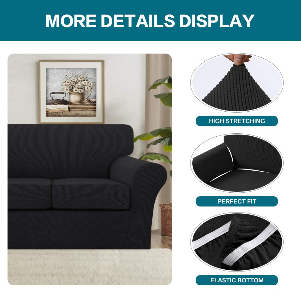 4 Piece Sofa Covers For 3 Cushion Couch Sofa Slipcover Soft Couch Cover For Dogs-Washable Sofa Furniture Covers With 3 Individual Cushion Covers, Feature Thick Jacquard Fabric (3 Cushion Sofa, Black)