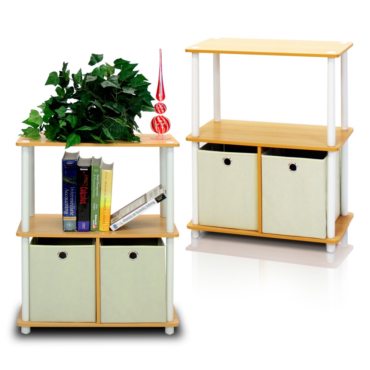 Furinno Go Green 3-Tier 2-Bin Multi-Purpose Storage Shelf (Set of 2), Beech