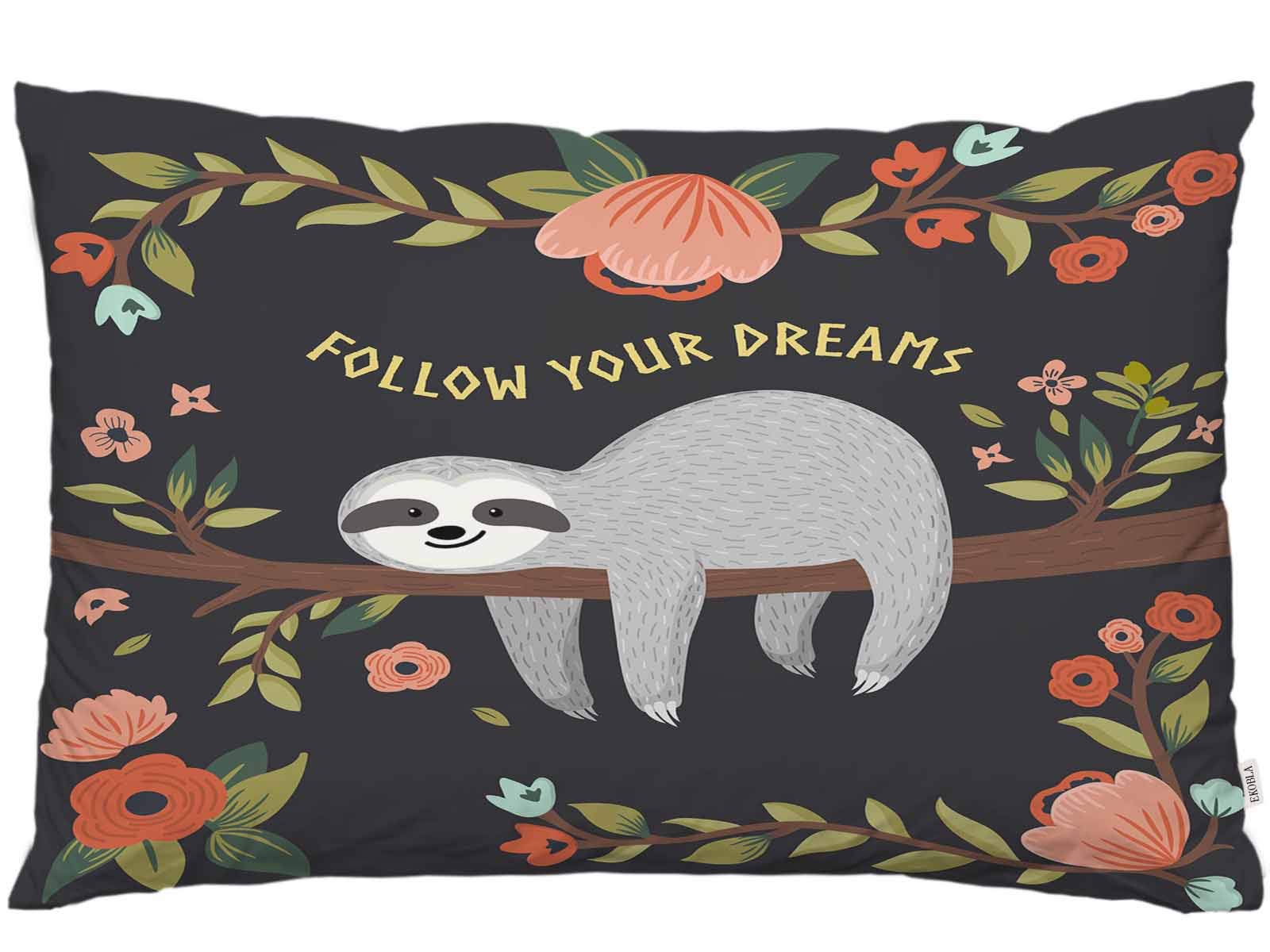 Ekobla Throw Pillow Cover Cute Sloth On The Tree Follow Your Dreams Letter Quote Funny Animal Floral Branch Leaf Decor Lumbar Pi