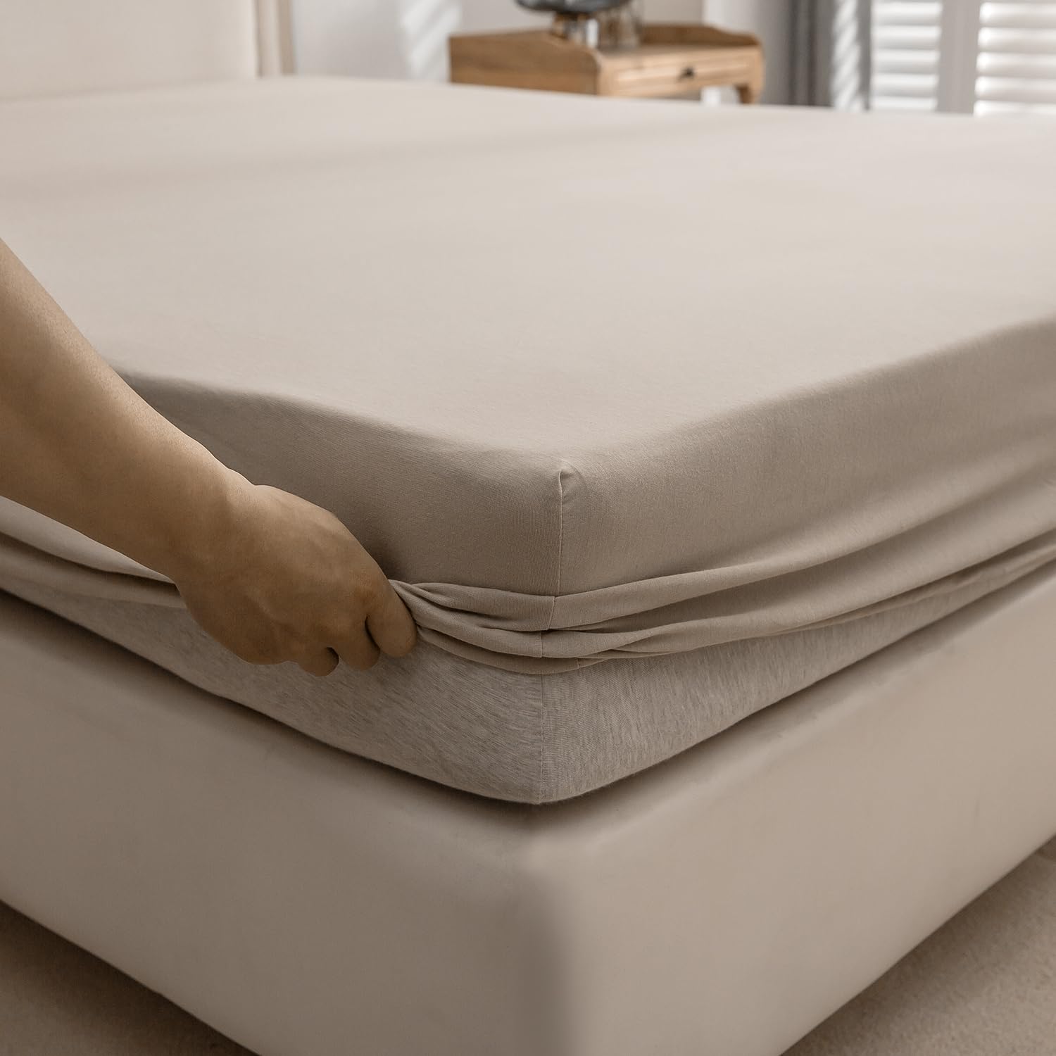 PURE ERA Jersey Knit Cotton Fitted Bottom Sheet ONLY (No Flat Sheet or Shams) - Deep Pocket Up to 15 to 20, Ultra Soft Comfy Bre
