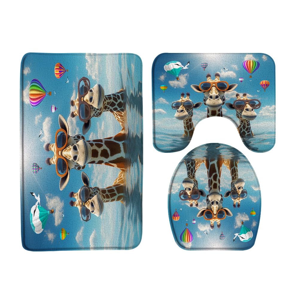 3PCS Funny Giraffe Bath Mat Set Cute Animal Wearing Glasses in Ocean Hotair Balloon Seagull Wildlife Bathroom Kitchen Floor Mat