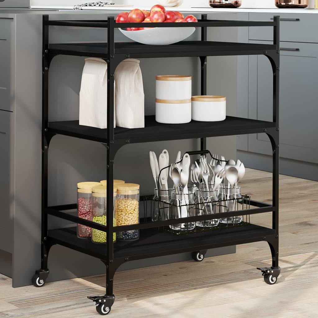 vidaXL Black Kitchen Trolley – Mobile Storage Cart/Organizer with Engineered Wood Construction, Steel Frame, Lockable Wheels – 25.6&quot;x15.7&quot;x34.1&quot;
