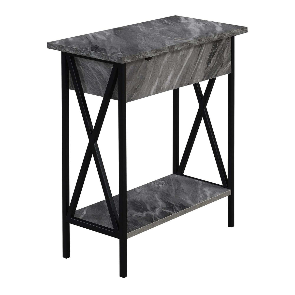 Convenience Concepts Tucson Flip Top End Table with Charging Station and Shelf, 23.75&quot;L x 11.25&quot;W x 24&quot;H, Gray Marble/Black