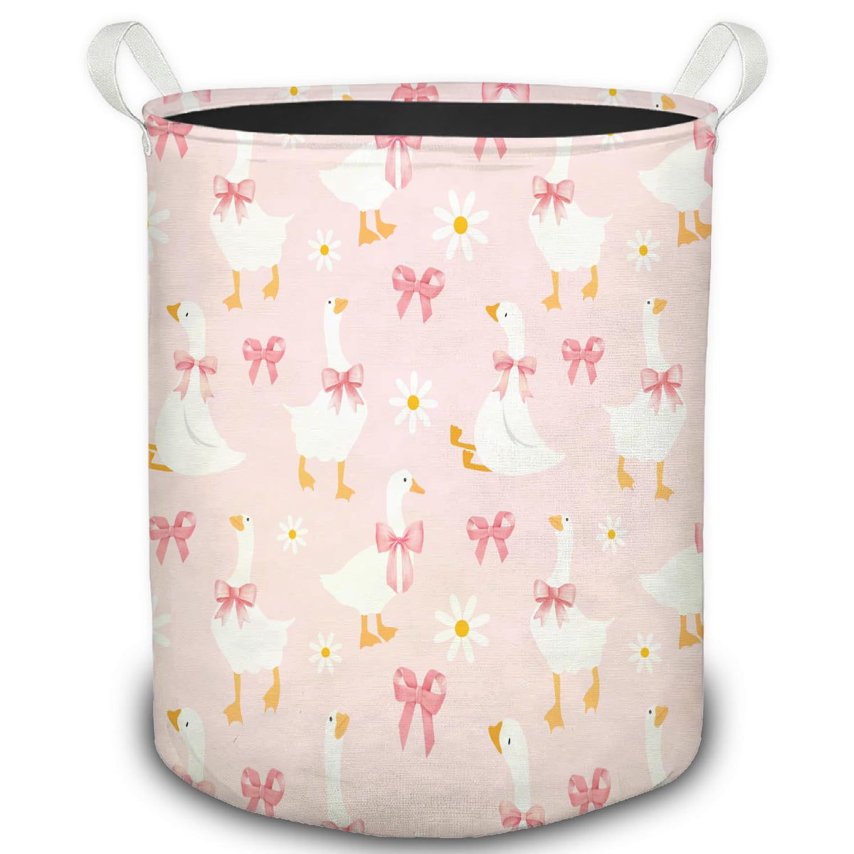 HSIASHENG Coquette Pink Bow Goose Laundry Basket, Preppy Pink Goose Daisy Floral Foldable Laundry Hamper With Handles Clothes To
