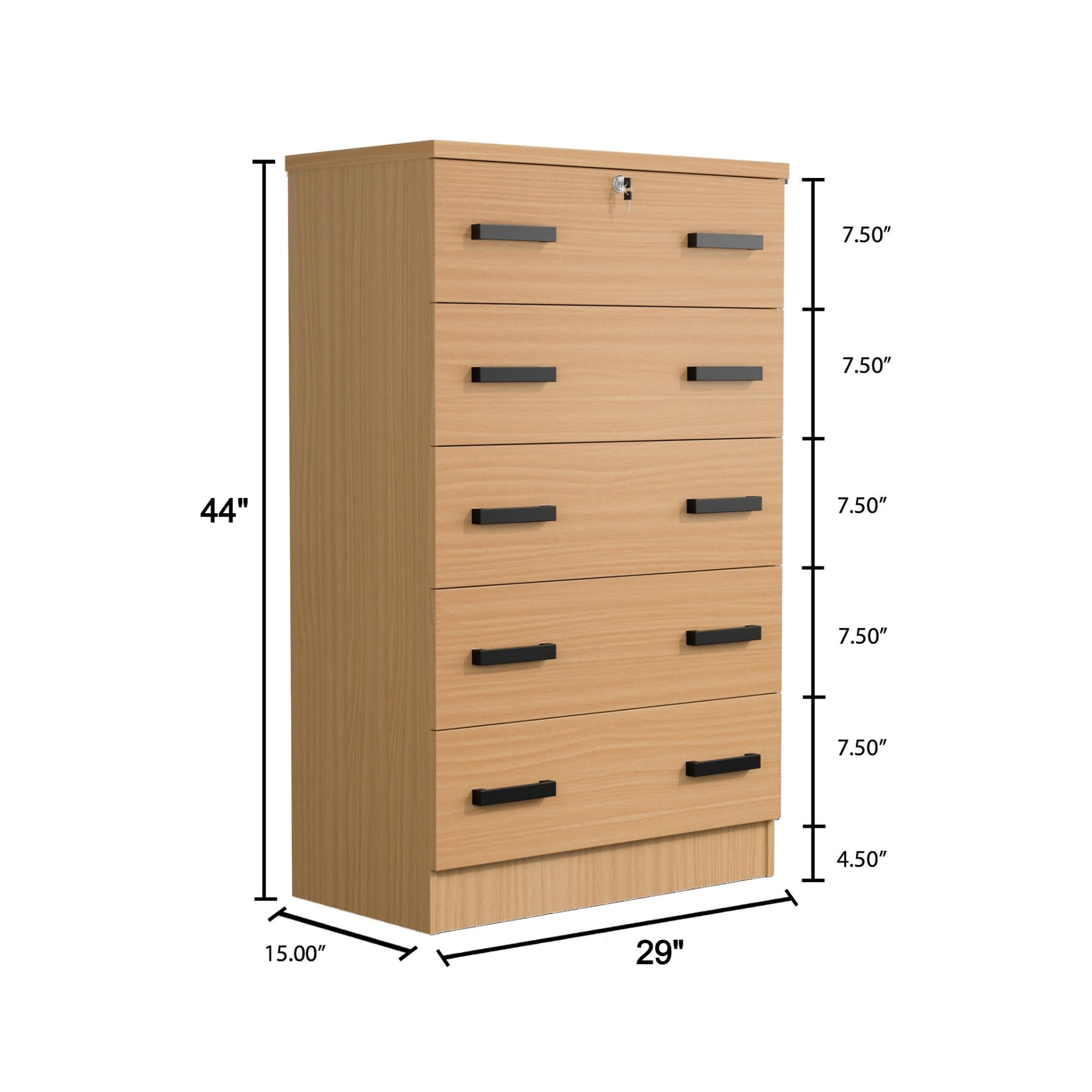 Cindy 5 Drawer Chest Wooden Dresser with Lock (Beech)